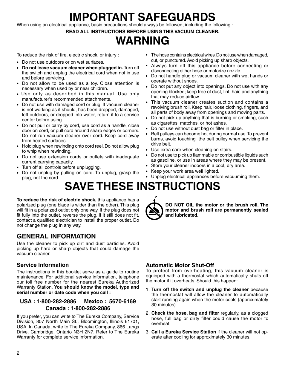 Important safeguards, Warning save these instructions, General information | Eureka 6830 SERIES User Manual | Page 2 / 5