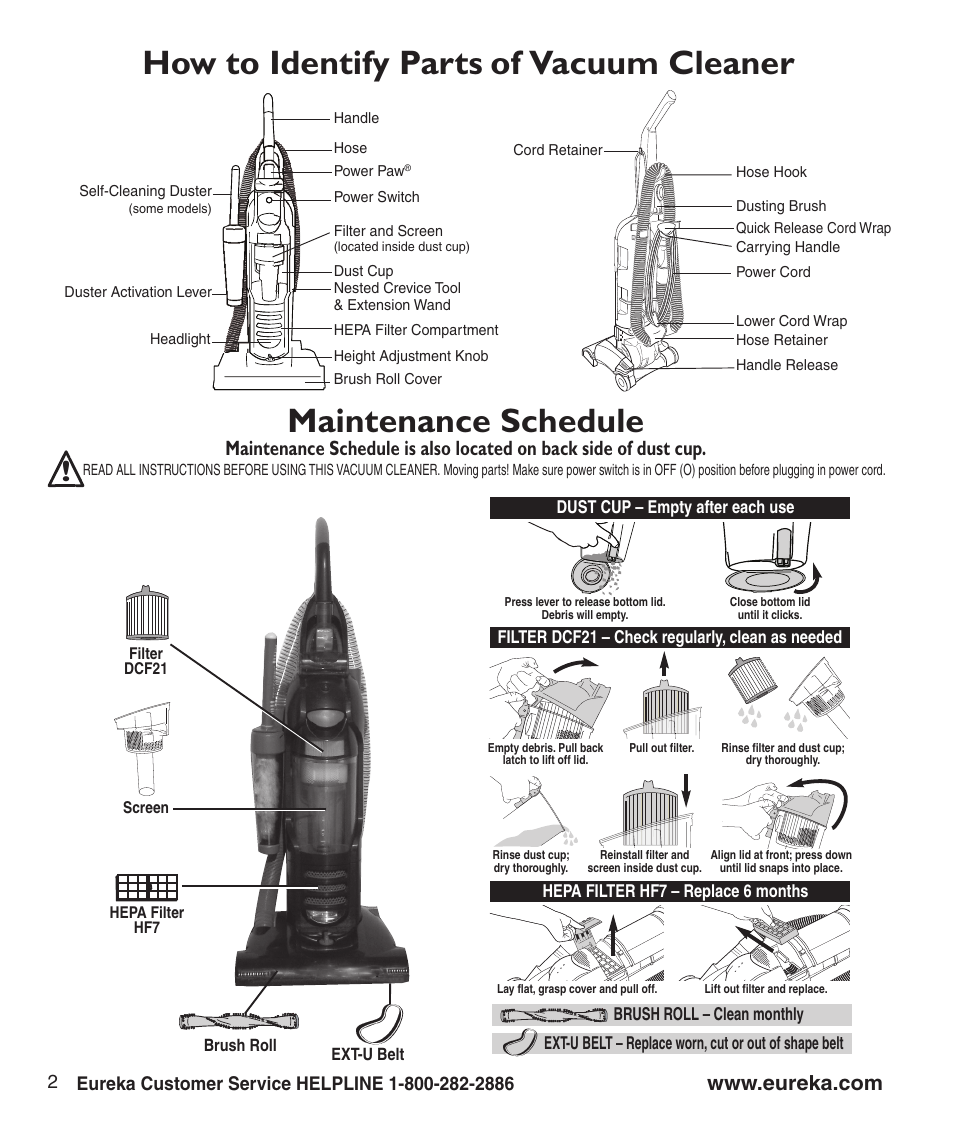 How to identify parts of vacuum cleaner, Maintenance schedule | Eureka 3270 Series User Manual | Page 4 / 8