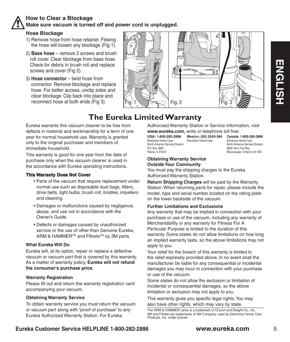 En g l is h, The eureka limited warranty | Eureka 3270 Series User Manual | Page 7 / 8