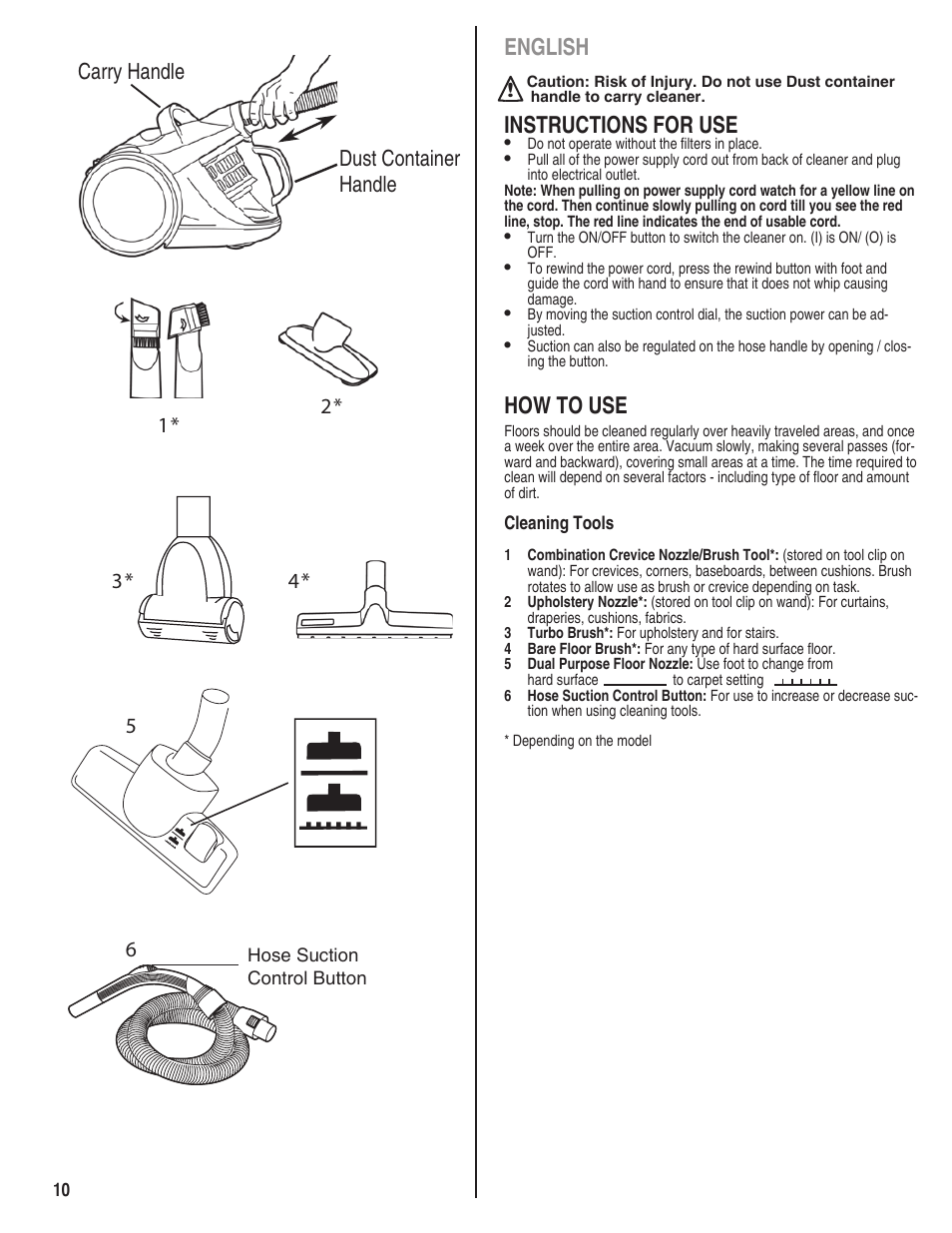 English, Instructions for use, How to use | Carry handle dust container handle | Eureka 910 User Manual | Page 10 / 16