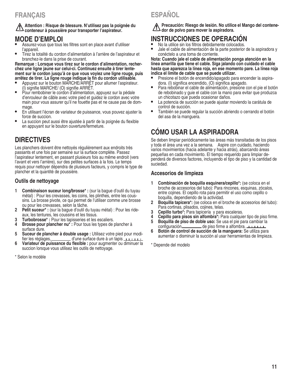 Français, Mode d’emploi, Directives | Español, Instrucciones de operación, Cómo usar la aspiradora | Eureka 910 User Manual | Page 11 / 16