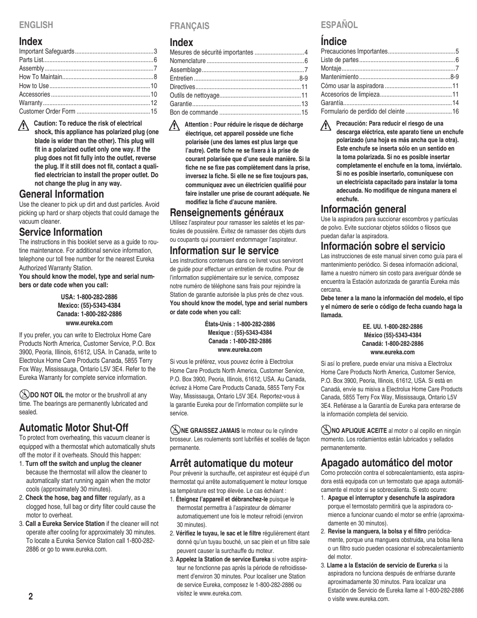 Index, General information, Service information | Automatic motor shut-off, Renseignements généraux, Information sur le service, Arrêt automatique du moteur, Índice, Información general, Información sobre el servicio | Eureka 910 User Manual | Page 2 / 16