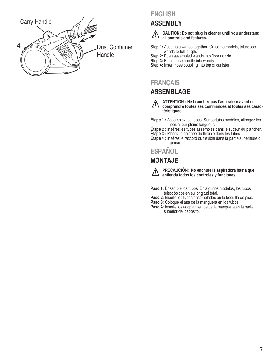 English assembly, Français assemblage, Español montaje | Carry handle dust container handle | Eureka 910 User Manual | Page 7 / 16