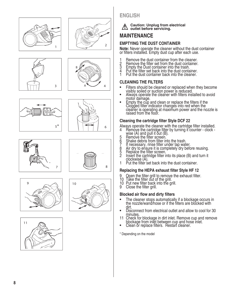 English, Maintenance | Eureka 910 User Manual | Page 8 / 16