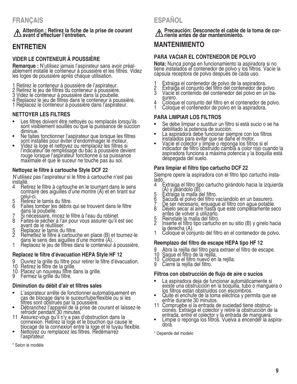 Français, Entretien, Español | Mantenimiento | Eureka 910 User Manual | Page 9 / 16