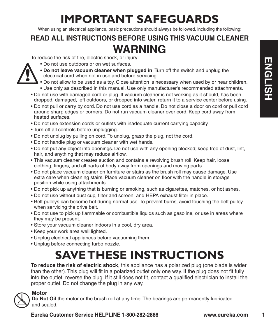 Save these instructions, Important safeguards, Warning | En g l is h | Eureka 3281 User Manual | Page 3 / 8