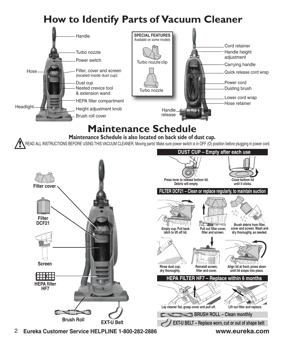 How to identify parts of vacuum cleaner, Maintenance schedule | Eureka 3281 User Manual | Page 4 / 8