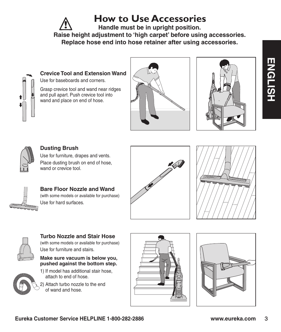 En g l is h, How to use accessories | Eureka 3281 User Manual | Page 5 / 8