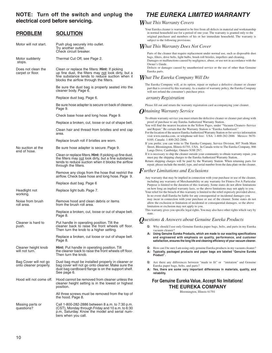 The eureka limited warranty, Problem solution | Eureka 5700-5739 User Manual | Page 10 / 10