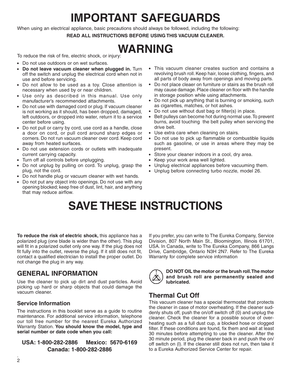 Important safeguards, Warning save these instructions, General information | Thermal cut off | Eureka 5700-5739 User Manual | Page 2 / 10