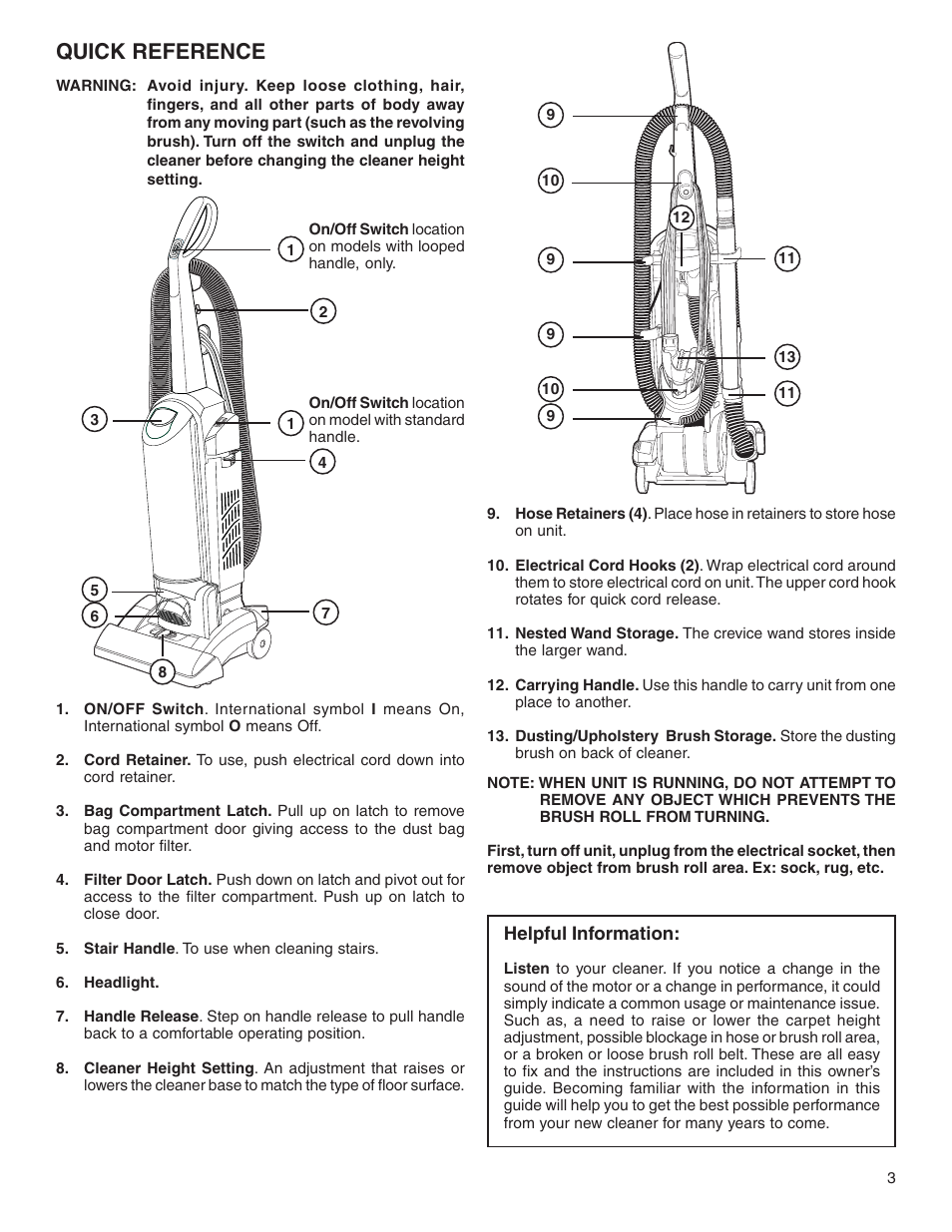 Quick reference | Eureka 5700-5739 User Manual | Page 3 / 10