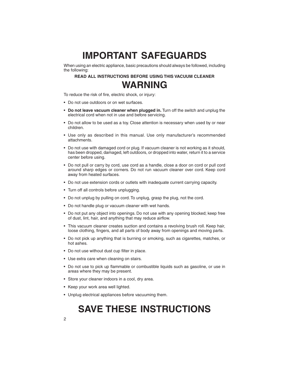 Important safeguards, Warning, Save these instructions | Eureka 400 User Manual | Page 2 / 12