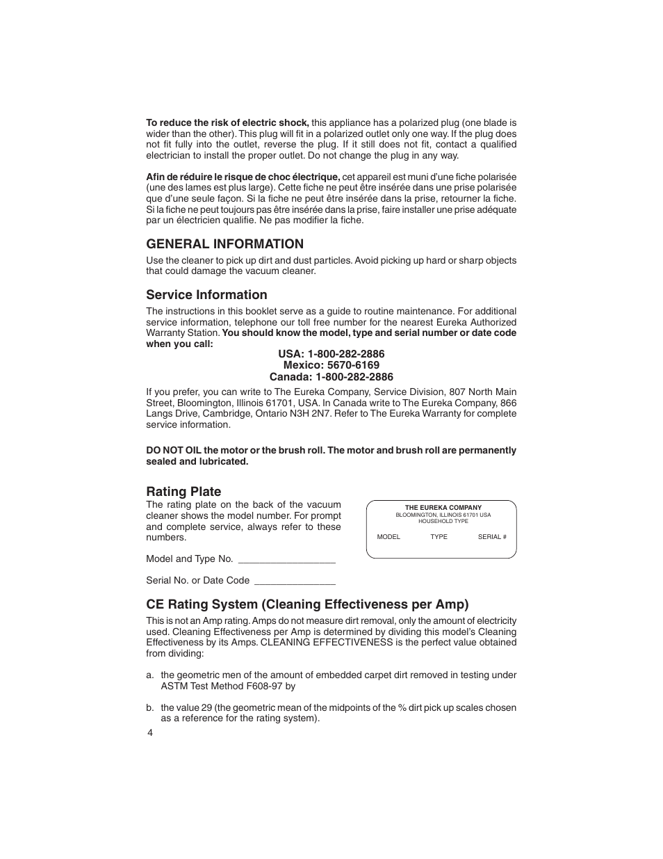 General information, Service information, Rating plate | Ce rating system (cleaning effectiveness per amp) | Eureka 400 User Manual | Page 4 / 12