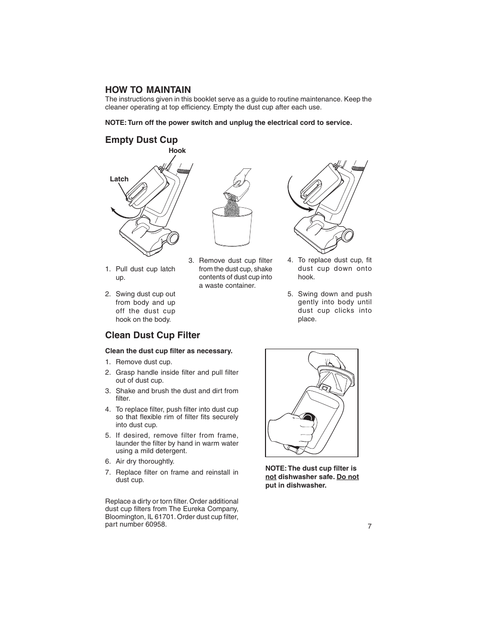 Clean dust cup filter, How to maintain, Empty dust cup | Eureka 400 User Manual | Page 7 / 12