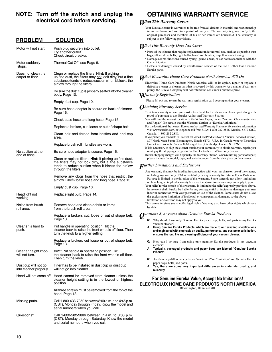 Obtaining warranty service, Problem solution, For genuine eureka value, accept no imitations | Eureka 5740-5799 Series User Manual | Page 10 / 12