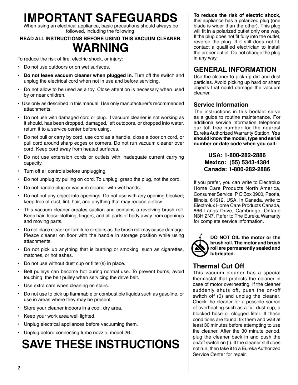 Important safeguards, Warning, Save these instructions | General information, Thermal cut off | Eureka 5740-5799 Series User Manual | Page 2 / 12
