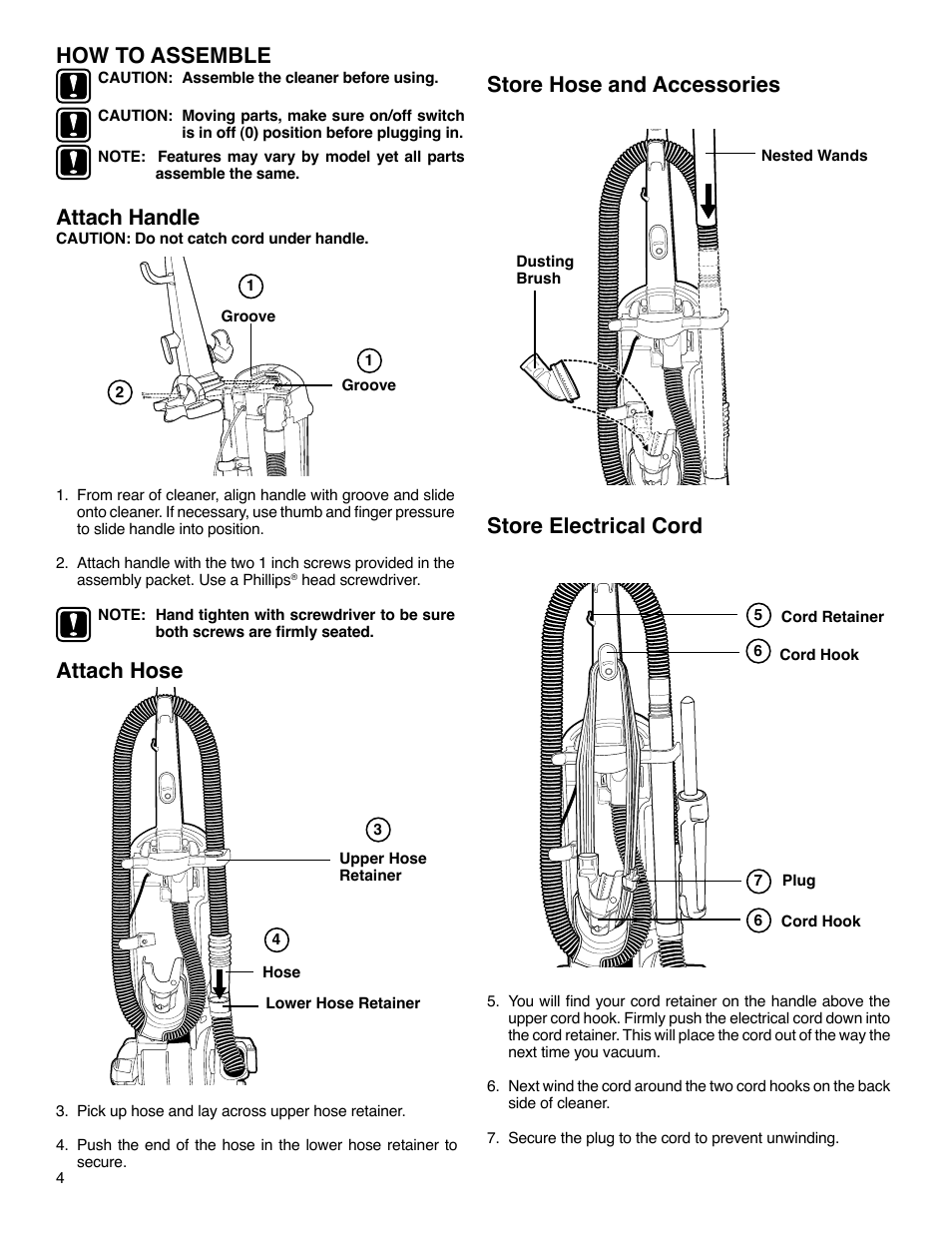 How to assemble attach handle, Attach hose store hose and accessories, Store electrical cord | Eureka 5740-5799 Series User Manual | Page 4 / 12