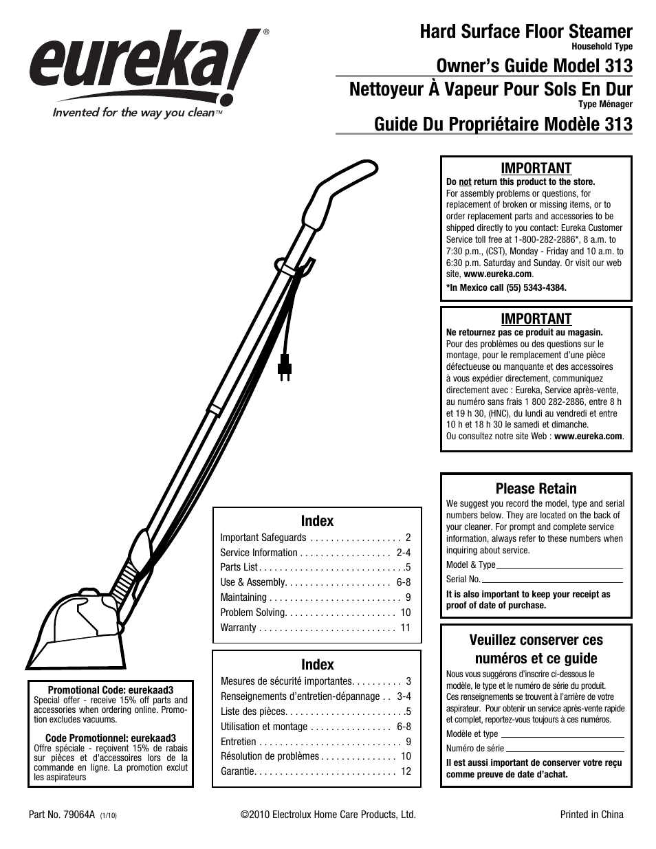 Eureka 313 User Manual | 20 pages