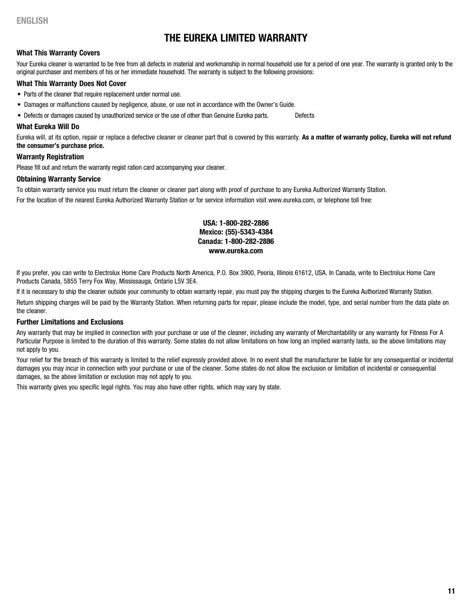 The eureka limited warranty | Eureka 313 User Manual | Page 11 / 20