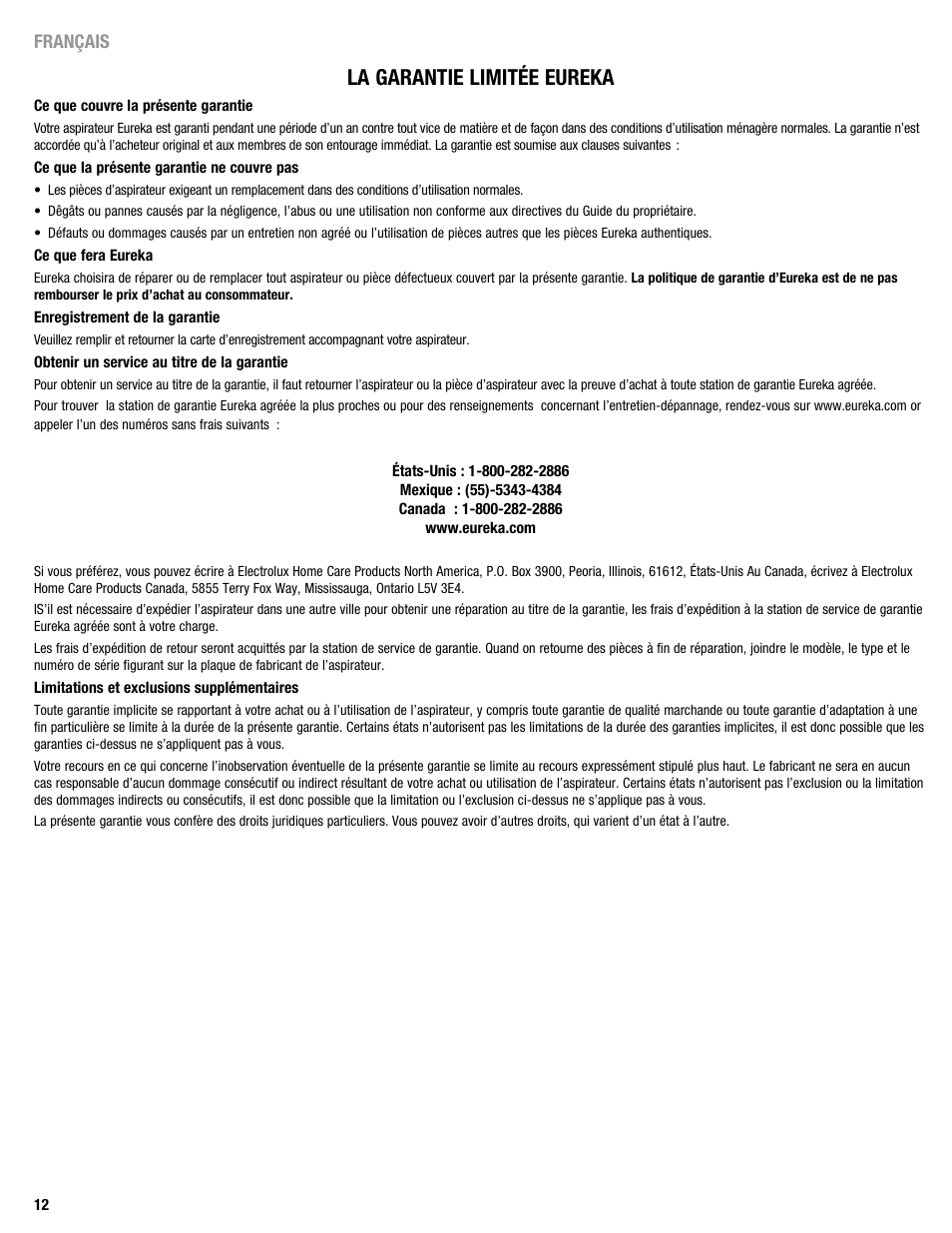 La garantie limitée eureka | Eureka 313 User Manual | Page 12 / 20