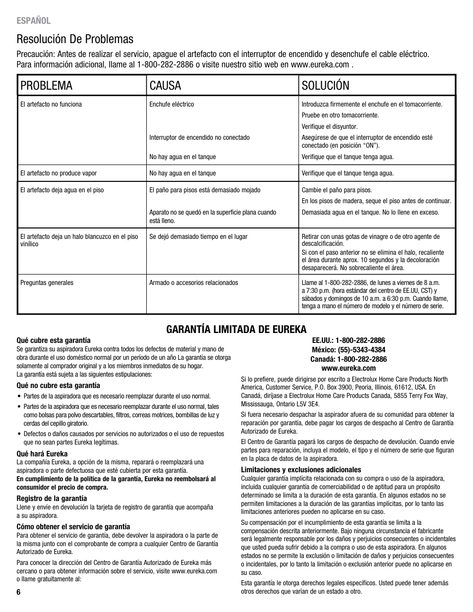 Resolución de problemas, Problema causa solución, Garantía limitada de eureka | Eureka 313 User Manual | Page 15 / 20