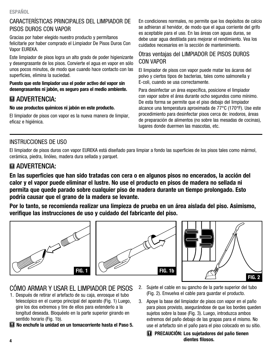 Advertencia, Cómo armar y usar el limpiador de pisos | Eureka 313 User Manual | Page 17 / 20