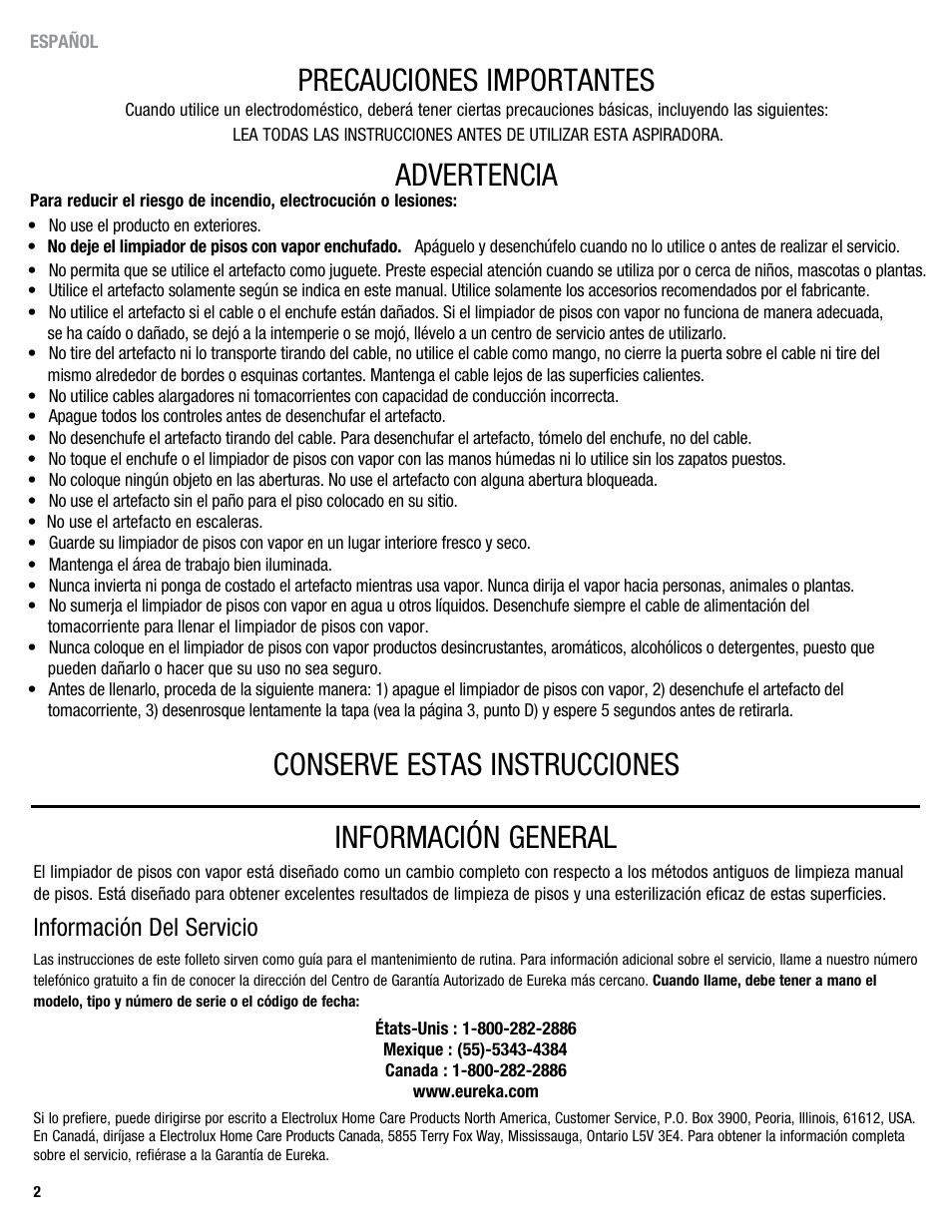 Precauciones importantes, Advertencia, Conserve estas instrucciones | Información general, Información del servicio | Eureka 313 User Manual | Page 19 / 20