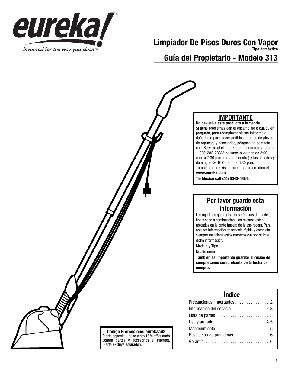 Limpiador de pisos duros con vapor, Guía del propietario - modelo 313 | Eureka 313 User Manual | Page 20 / 20