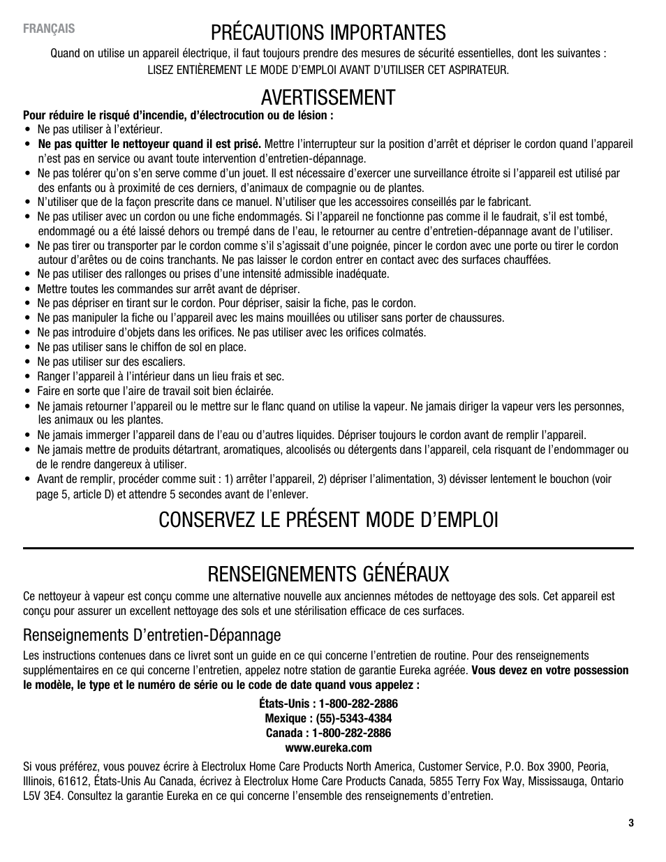 Précautions importantes, Avertissement, Conservez le présent mode d’emploi | Renseignements généraux, Renseignements d’entretien-dépannage | Eureka 313 User Manual | Page 3 / 20