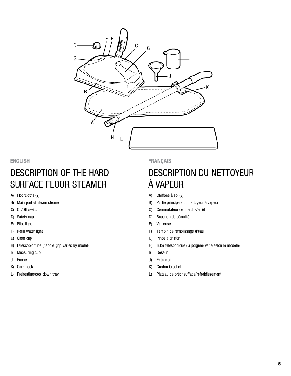 Description of the hard surface floor steamer, Description du nettoyeur à vapeur | Eureka 313 User Manual | Page 5 / 20