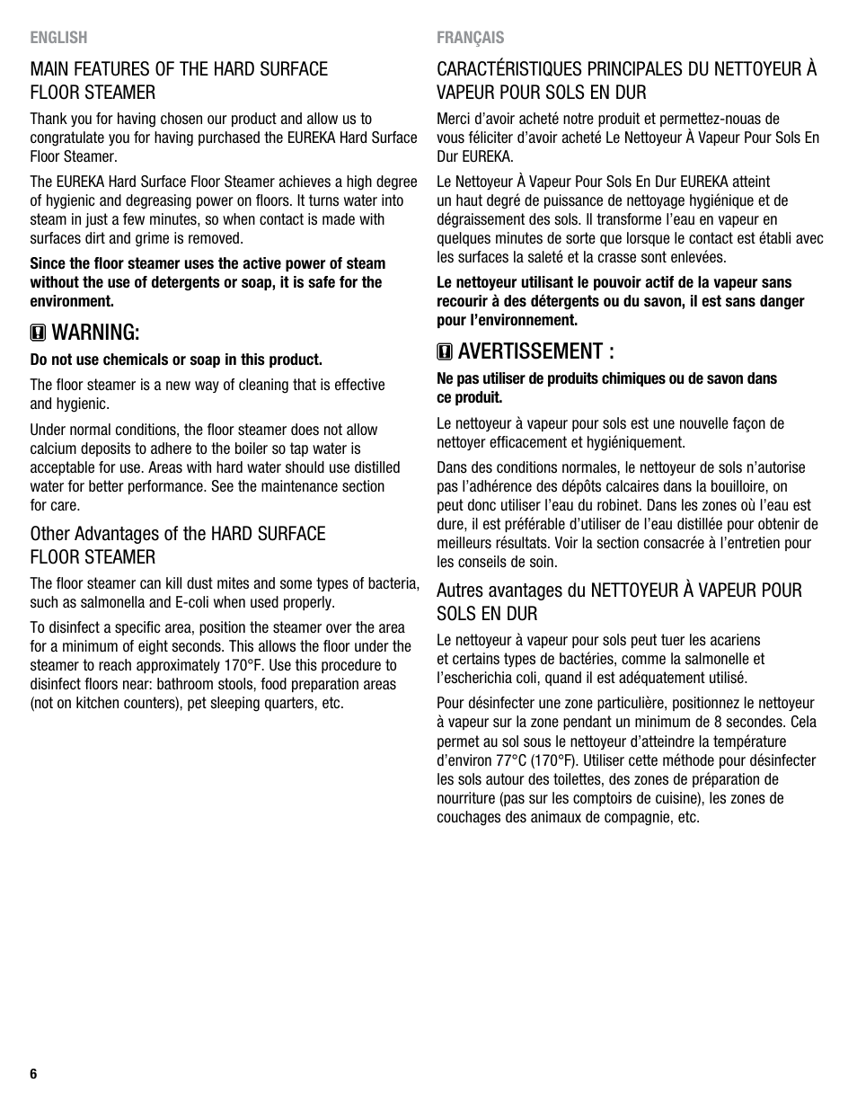 Avertissement, Warning | Eureka 313 User Manual | Page 6 / 20