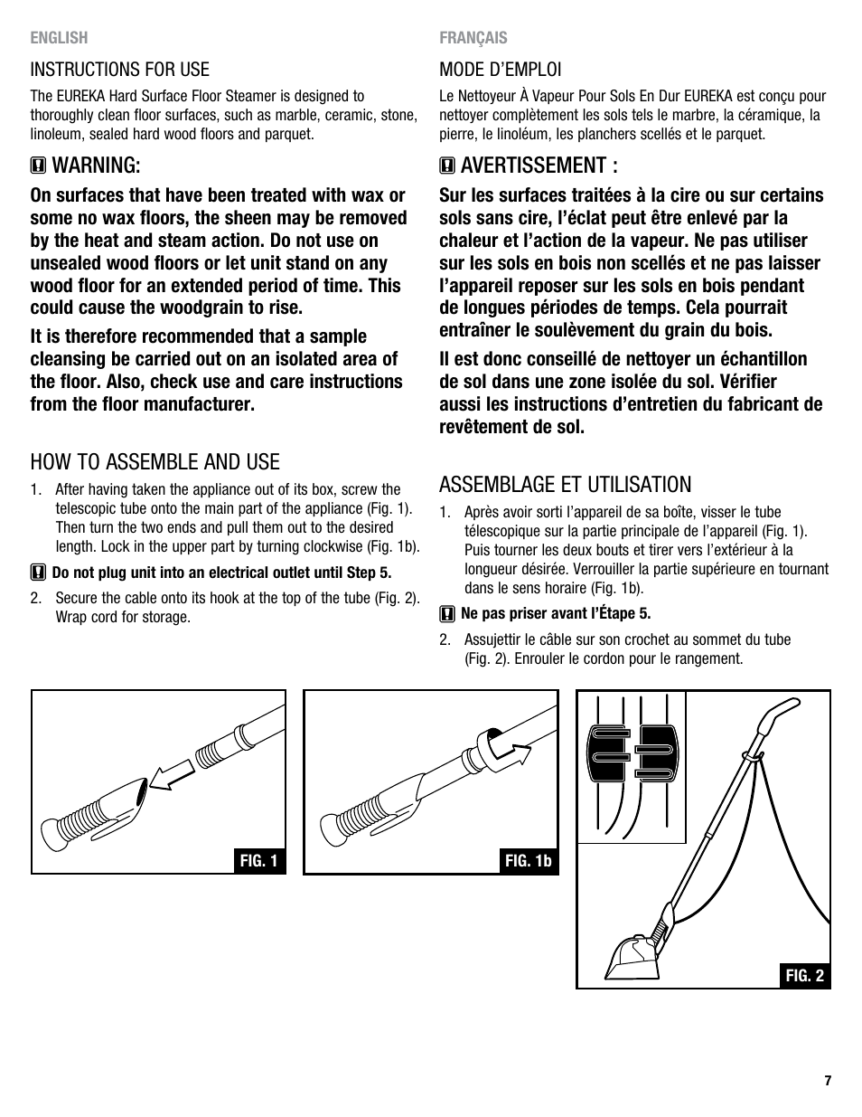 Warning, How to assemble and use, Avertissement | Assemblage et utilisation | Eureka 313 User Manual | Page 7 / 20
