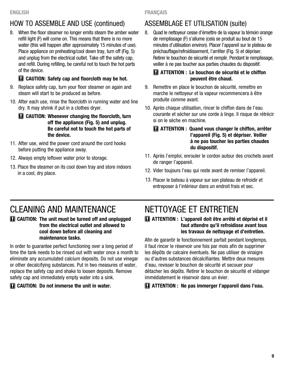 Cleaning and maintenance, Nettoyage et entretien | Eureka 313 User Manual | Page 9 / 20