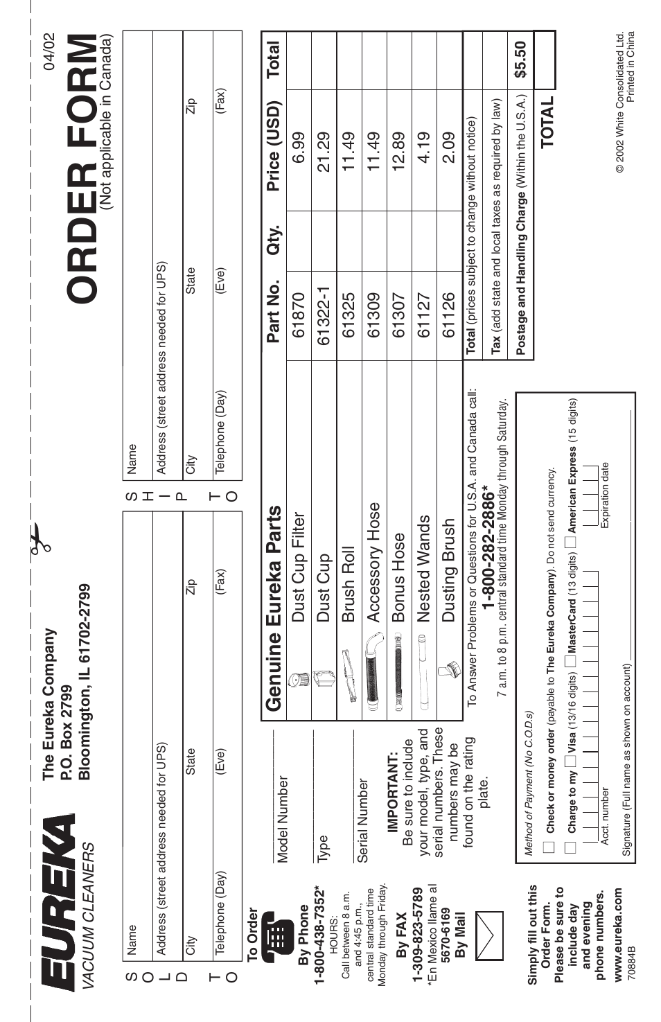 Order form, Gen uine eureka p a rt s, Pa rt no. qty . price (usd) t otal | Va cuum cleaners | Eureka 410 SERIES User Manual | Page 11 / 16