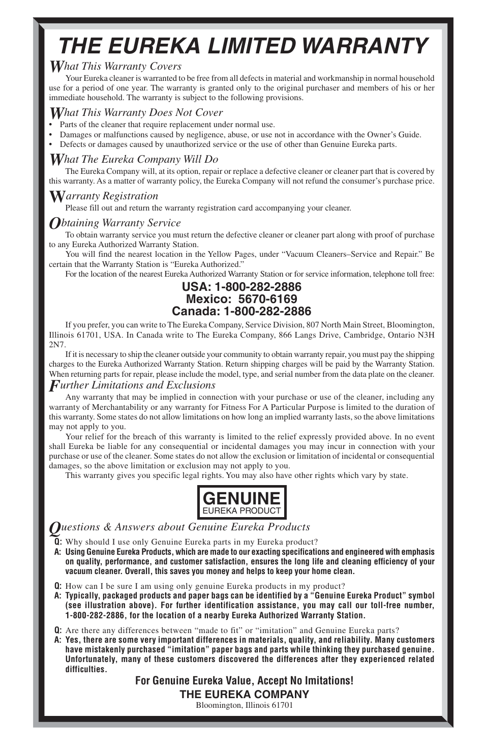 The eureka limited warranty, Genuine | Eureka 410 SERIES User Manual | Page 13 / 16