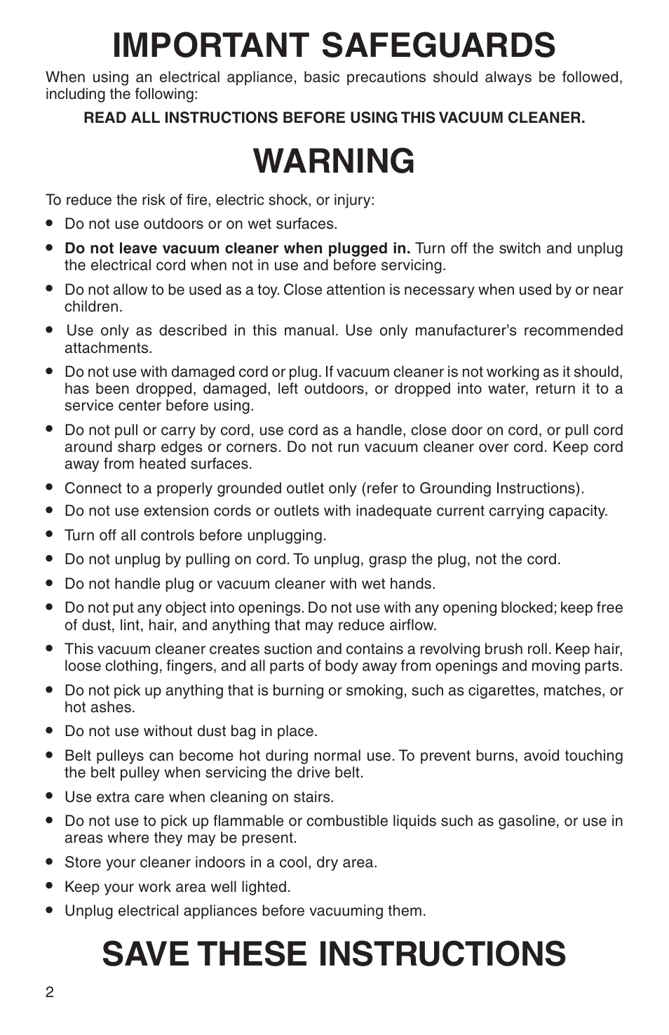 Important safeguards, Warning, Save these instructions | Eureka 410 SERIES User Manual | Page 2 / 16