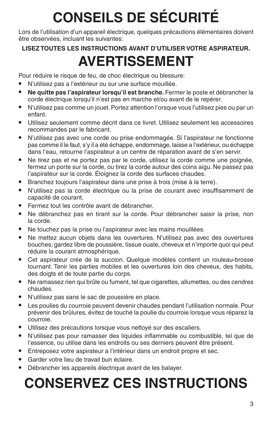 Conseils de sécurité, Avertissement, Conservez ces instructions | Eureka 410 SERIES User Manual | Page 3 / 16