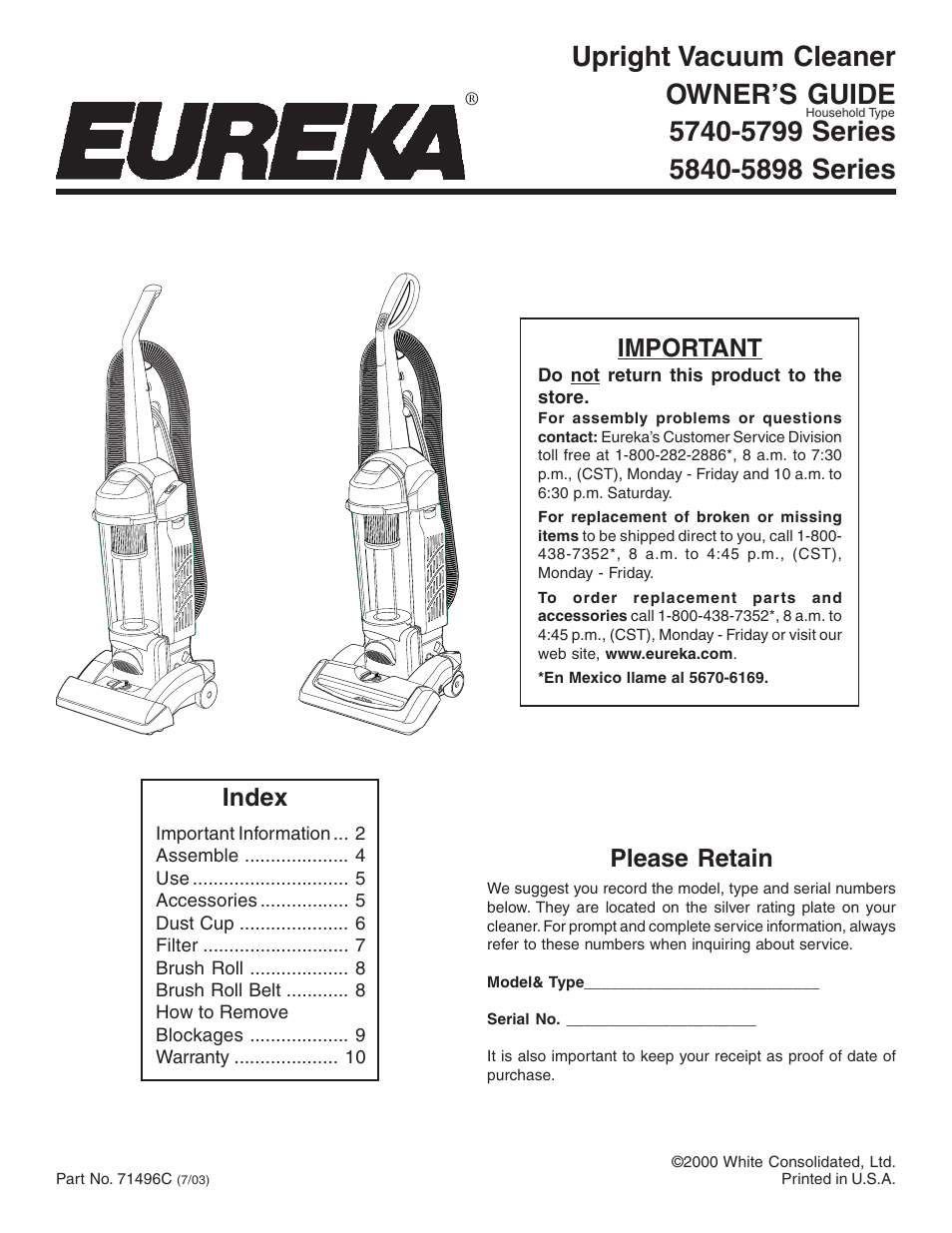 Eureka 5840-5898 Series User Manual | 10 pages