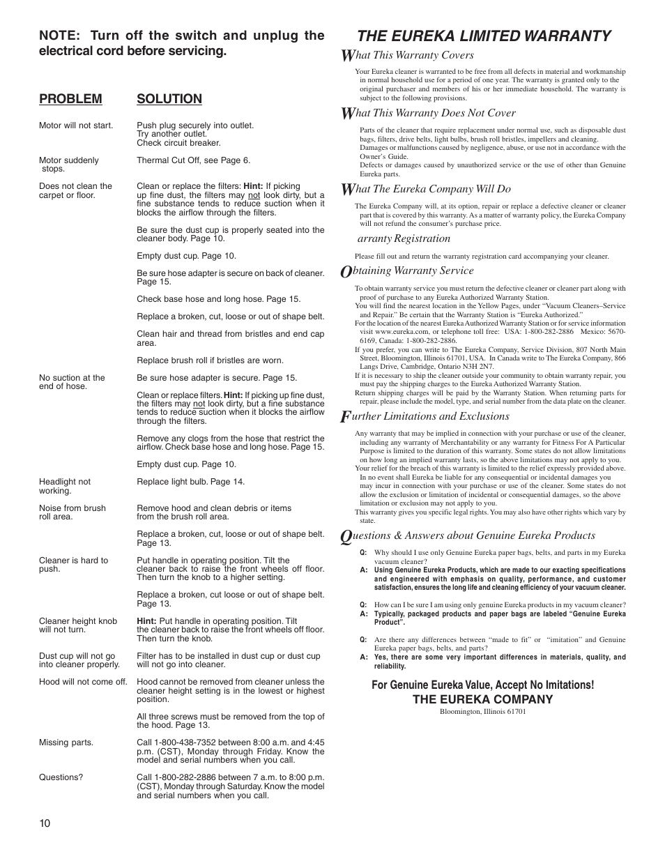 The eureka limited warranty, Problem solution | Eureka 5840-5898 Series User Manual | Page 10 / 10