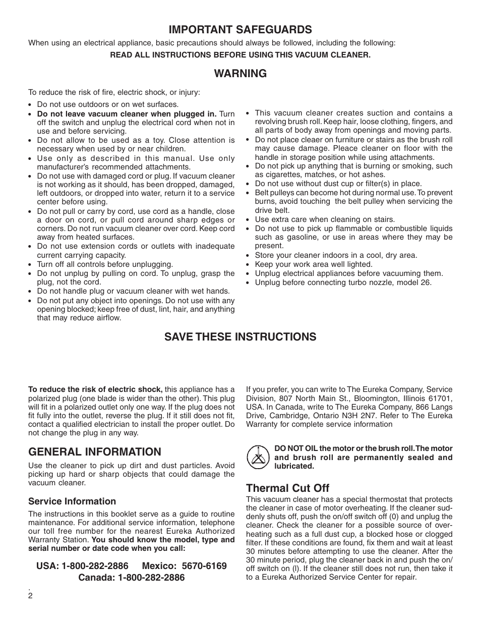 Important safeguards, Warning save these instructions, General information | Thermal cut off | Eureka 5840-5898 Series User Manual | Page 2 / 10