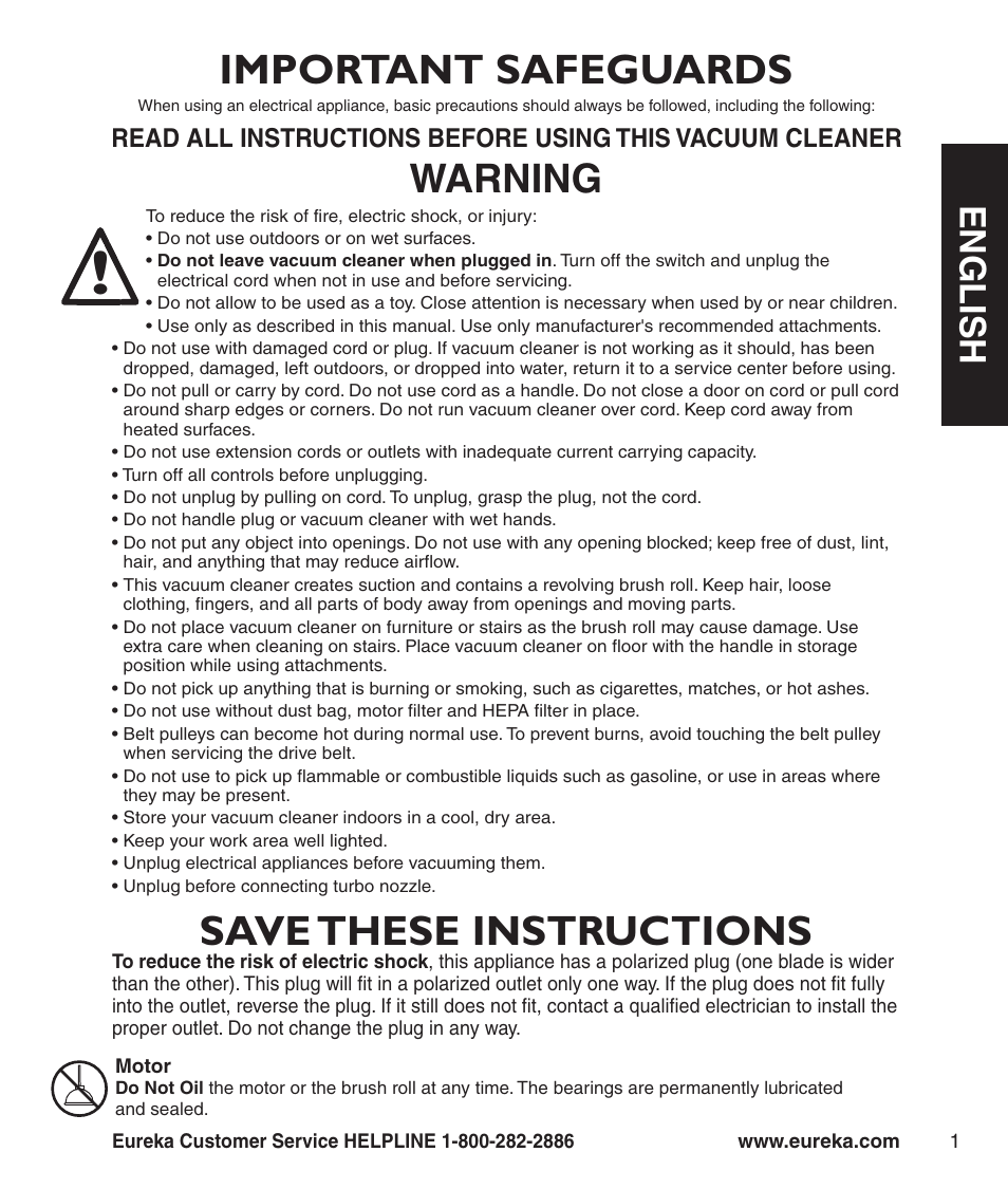 Save these instructions, Important safeguards, Warning | En g l is h | Eureka 4870 User Manual | Page 3 / 10