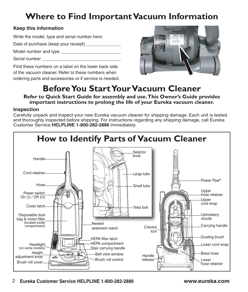 Where to find important vacuum information, Before you start your vacuum cleaner, How to identify parts of vacuum cleaner | Eureka 4870 User Manual | Page 4 / 10