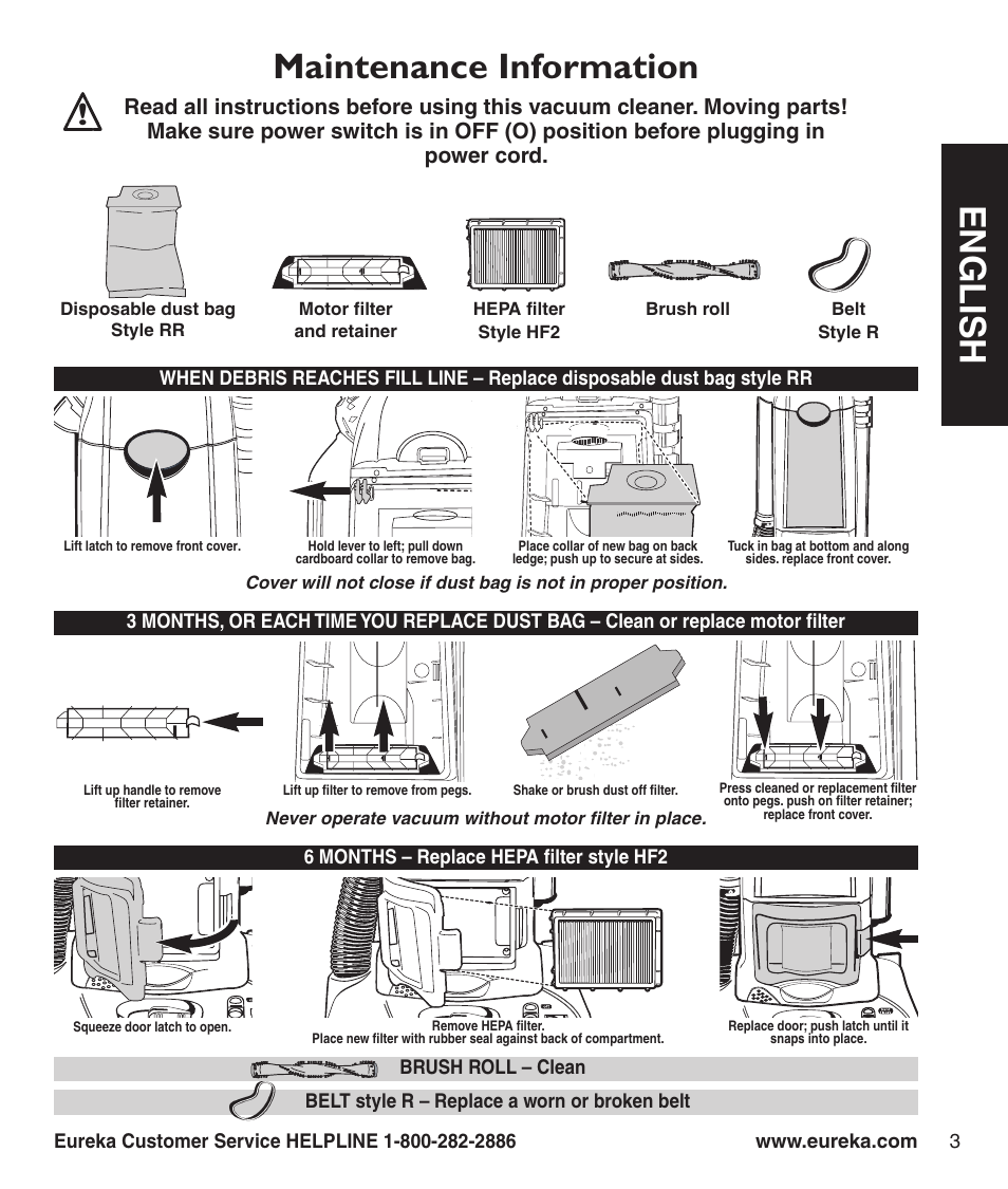 En g l is h, Maintenance information | Eureka 4870 User Manual | Page 5 / 10