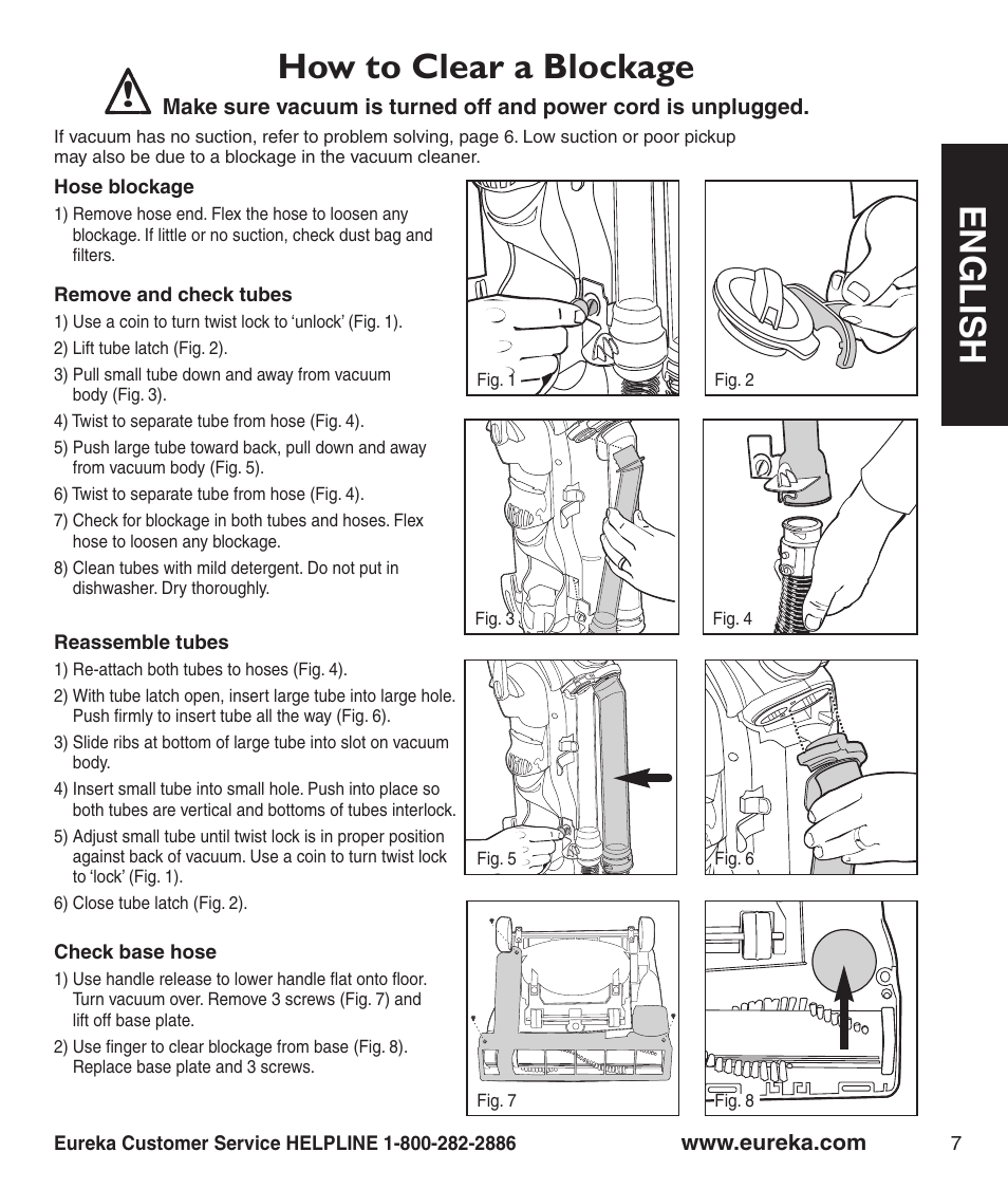 En g l is h, How to clear a blockage | Eureka 4870 User Manual | Page 9 / 10