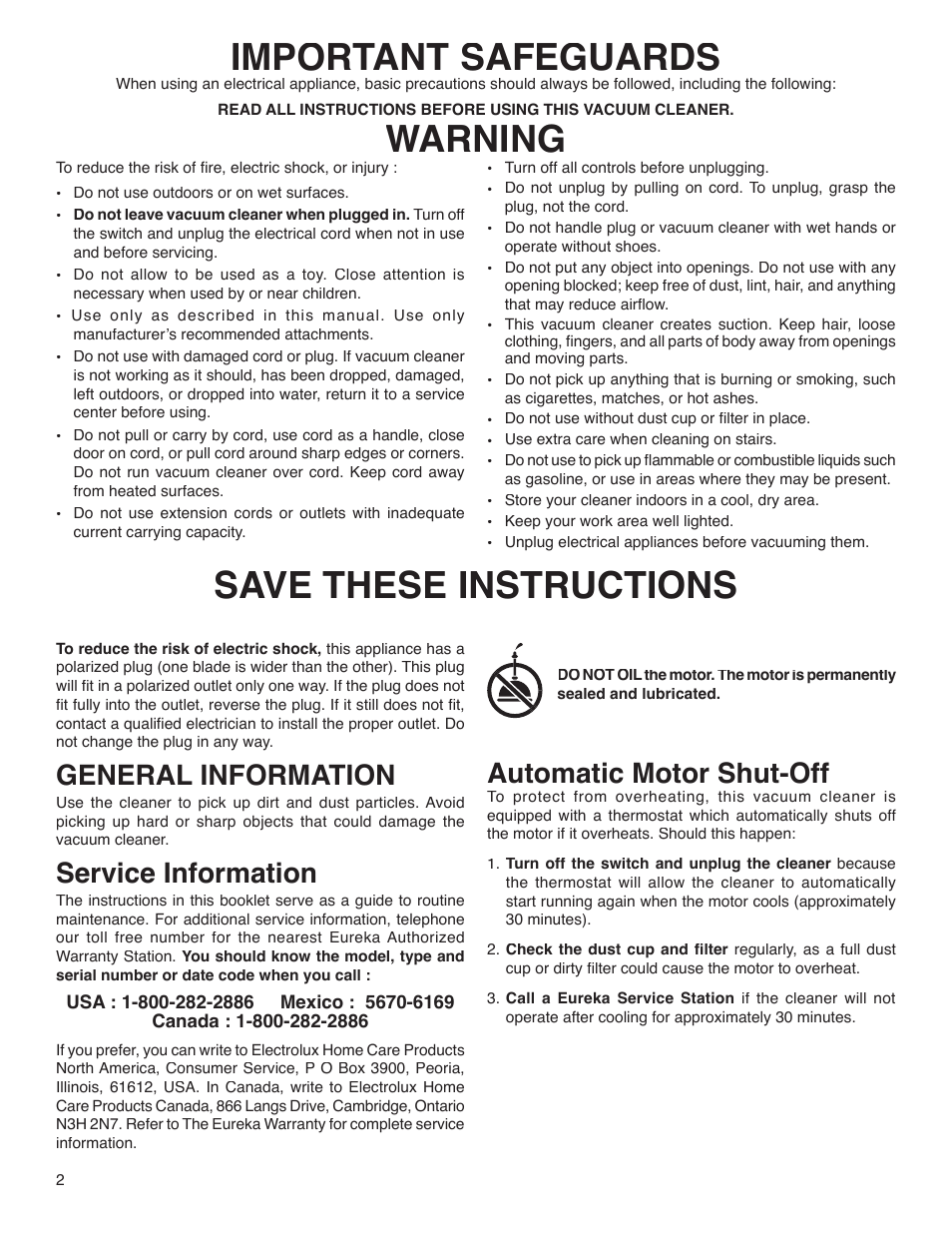 Important safe guards, Warning save these in struc tions, General information | Service information, Automatic motor shut-off | Eureka 420 User Manual | Page 2 / 16