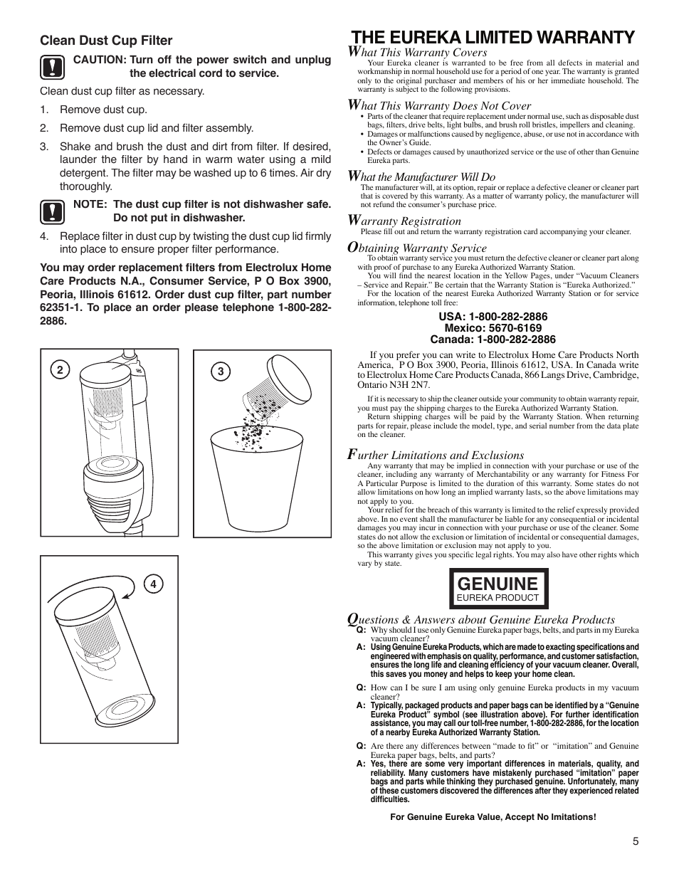 The eureka limited warranty, Gen u ine, Clean dust cup filter | Eureka 420 User Manual | Page 5 / 16