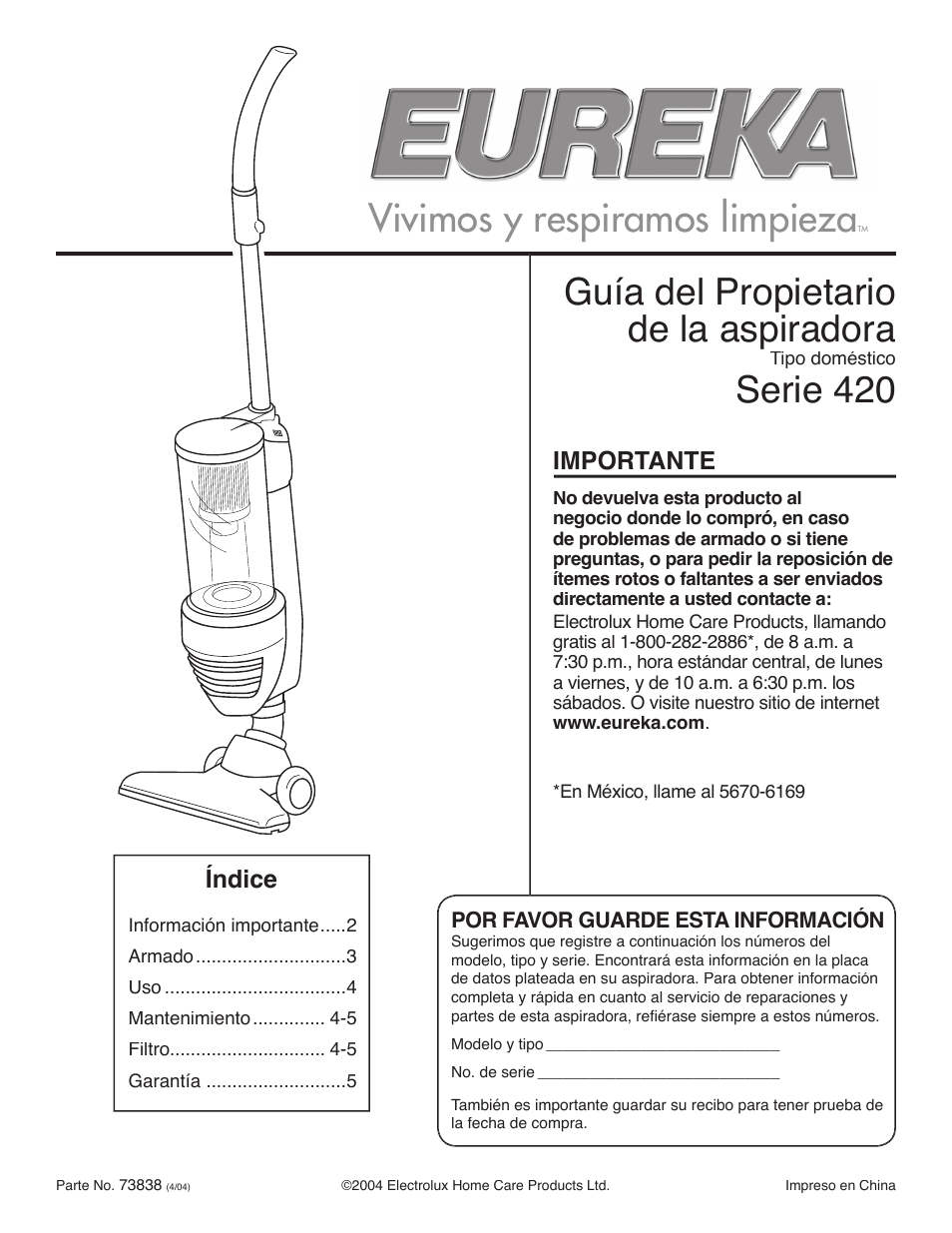 Vivimos y respiramos limpieza, Guía del propietario de la aspiradora, Serie 420 | Importante, Índice | Eureka 420 User Manual | Page 6 / 16