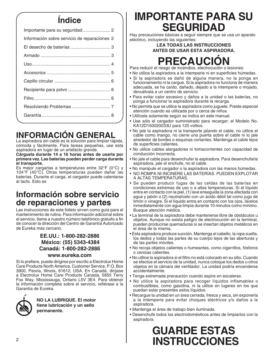 Importante para su seguridad, Precaución, Guarde estas instrucciones | Índice, Información general | Eureka 100-110 User Manual | Page 10 / 26
