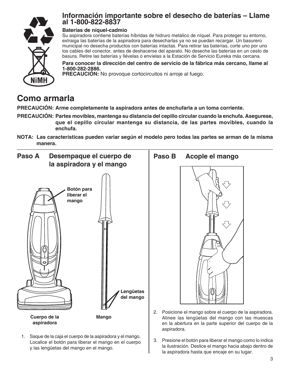 Como armarla, Paso b acople el mango | Eureka 100-110 User Manual | Page 11 / 26