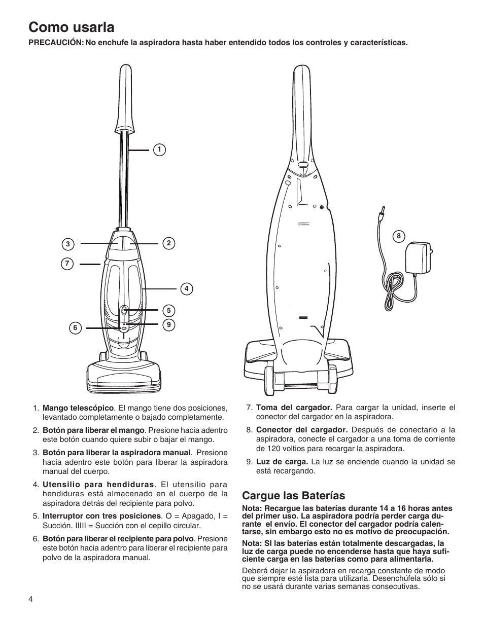 Como usarla, Cargue las baterías | Eureka 100-110 User Manual | Page 12 / 26